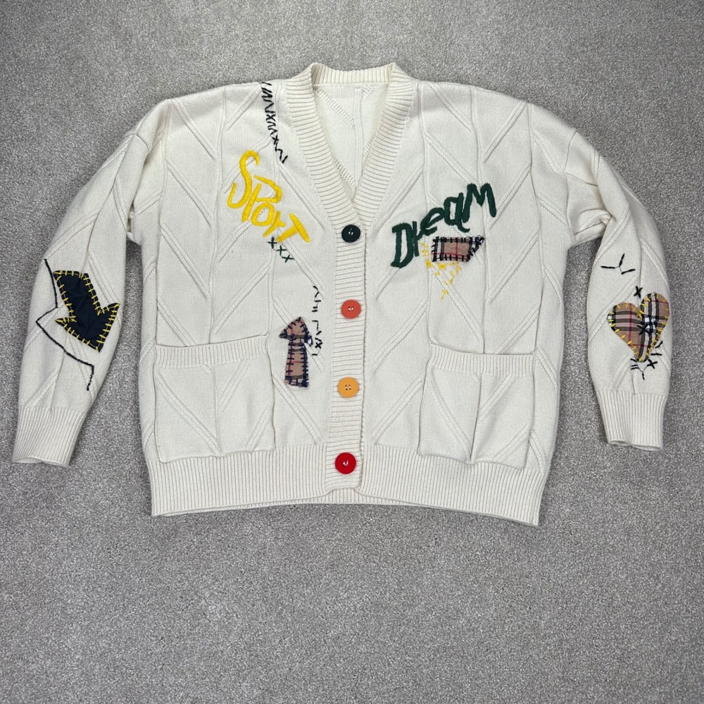Ebossy Cream‎ Cable Knit Cardigan Sweater with Patches & Embroidery Size L boho